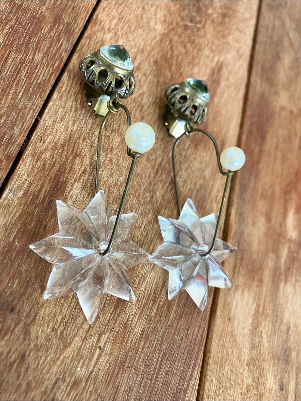 Vintage JL Blin Paris 3” Long Crystal Star Drop Clip On Earrings with Pearl